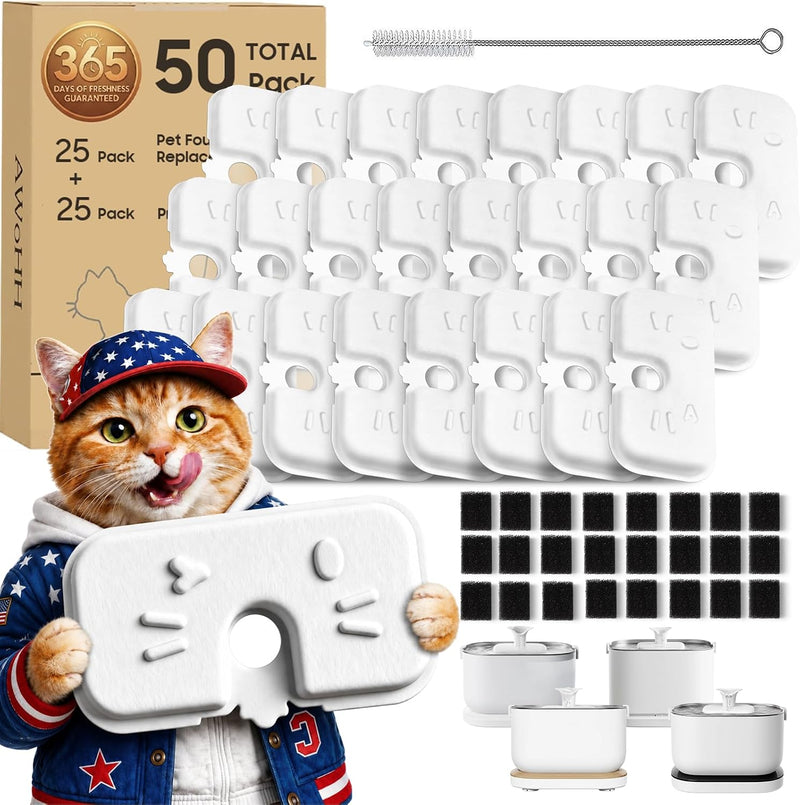 50+1 Pack Cat Water Fountain Filters Compatible with PETLIBRO Dockstream Water Fountain PLWF106/116/115/105/005, 1-year 