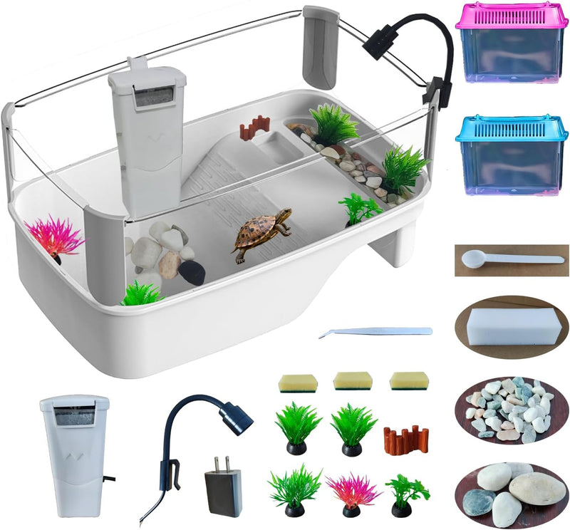 Small Turtle Tank Habitat Kit with Basking Platform, for Turtles, Crayfish, Crab, Aquatic Tortoise Enclosure Starter Aqu