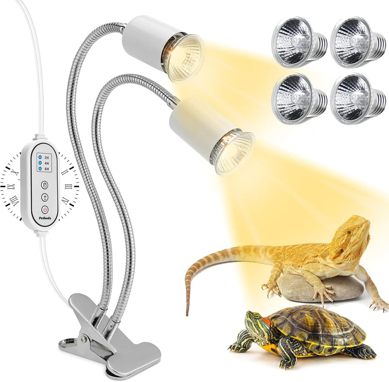 Reptile Heat Lamp, Dual Head Reptile Light with Cycle Timer, Dimmable UVA/UVB Basking Light for Turtle Tortoise Lizard S