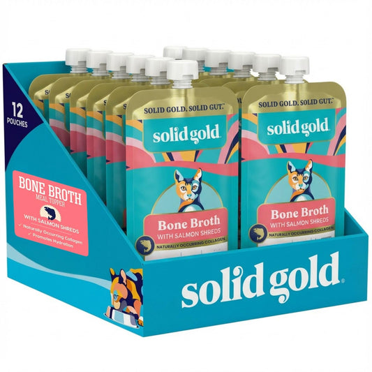 Solid Gold Bone Broth Cat Food Topper - Limited Ingredient Lickable Cat Broth Pouches w/Salmon Protein Shreds & Collagen for Hydration & Gut Support - Easy to Serve Gravy for Cats Meal Topper - 12ct