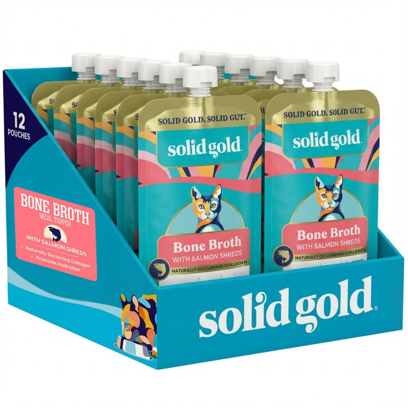 Solid Gold Bone Broth Cat Food Topper - Limited Ingredient Lickable Cat Broth Pouches w/Salmon Protein Shreds & Collagen for Hydration & Gut Support - Easy to Serve Gravy for Cats Meal Topper - 12ct