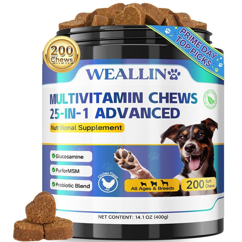 Dog Vitamins - 25-in-1 Dog Vitamins and Supplements Multivitamin with Glucosamine Probiotics Omega-3 Puppy Multivitamin Chewable for Coat, Heart, Hips & Joints, Digestion & Immune System 200pcs