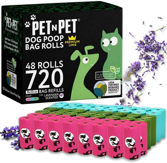 Pet N Pet 720 Counts Lavender Scented, Colorful Poop Bags for Dogs, 41% Plant Based & 59% PE Dog Poop Bags Rolls, Extra Thick Dog Waste Bag, Doggy Bag