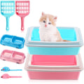 Beeveer 2 Set Kitten Litter Box Starter Kit 2 Pcs High Side Small Cat Litter Box Low Entry with 2 Scooper 2 Feeding Bowls 2 Mouse Toy for Small Kitty Essentials 14.57 x 10.63 x 4.17'', Blue and Pink