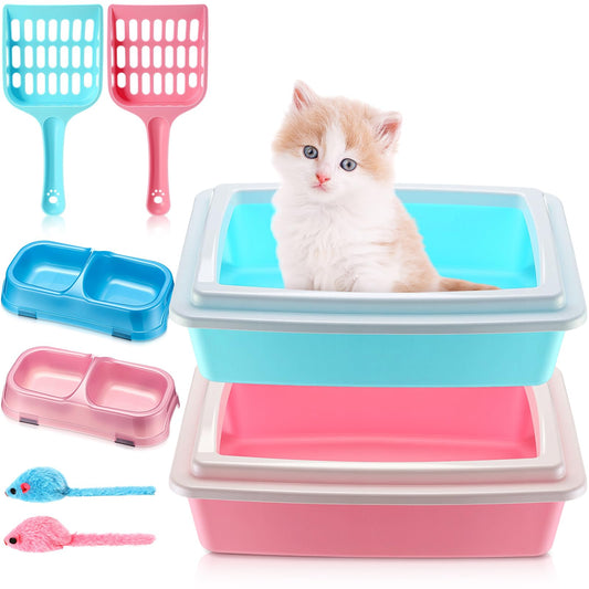 Beeveer 2 Set Kitten Litter Box Starter Kit 2 Pcs High Side Small Cat Litter Box Low Entry with 2 Scooper 2 Feeding Bowls 2 Mouse Toy for Small Kitty Essentials 14.57 x 10.63 x 4.17'', Blue and Pink