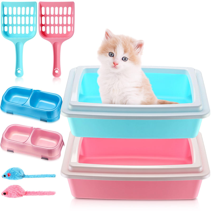 Beeveer 2 Set Kitten Litter Box Starter Kit 2 Pcs High Side Small Cat Litter Box Low Entry with 2 Scooper 2 Feeding Bowls 2 Mouse Toy for Small Kitty Essentials 14.57 x 10.63 x 4.17'', Blue and Pink