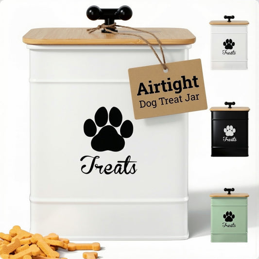 Dog Treat Container Airtight - 6 Inch Wide x 8 Inch Tall Iron Dog Treat Jar for Kitchen Counter with Airtight Bamboo Lid - 12 Cup Capacity Pet Treat Container - Doggie Cookie Jar - Big Treats Canister