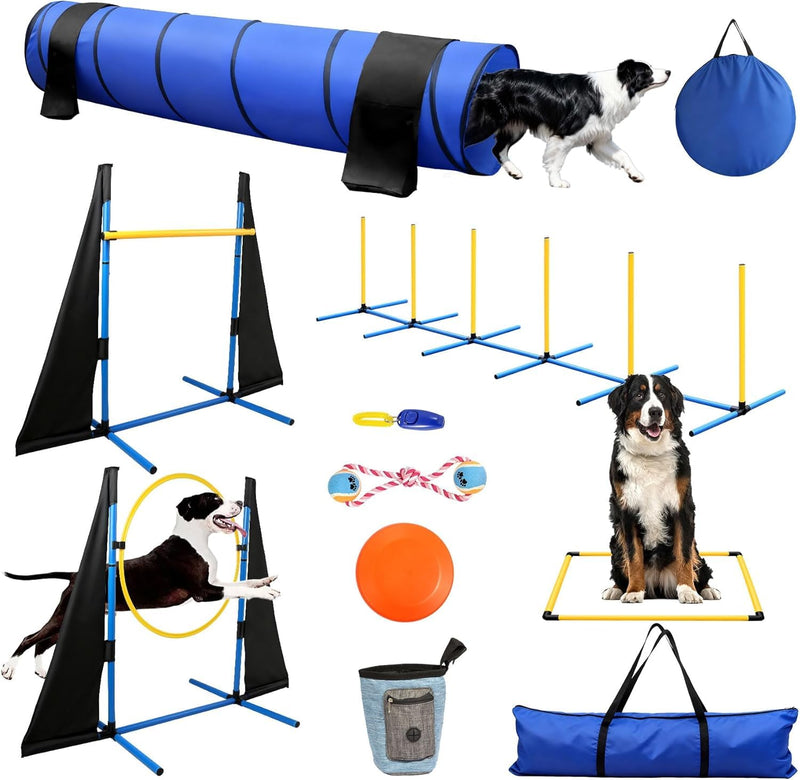 POPMOON Dog Agility Equipment,Dog Agility Course Backyard Set-Professional Backyard Course with Adjustable Jumps,Collapsible Tunnel,Storage Bags&Toys