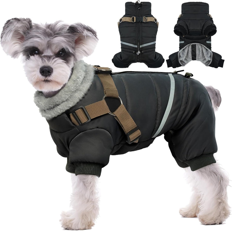 BRKURLEG Small Dog Coat with Harness, Full Body Dog Winter Jacket, Black, S