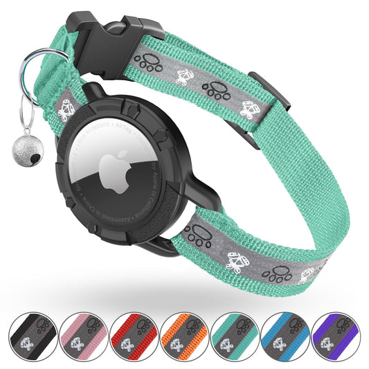 Reflective AirTag Cat Collar, Integrated Cat Tracker Collar with Air Tag Holder and Bell, Safety Elastic Band Cat GPS Collars for Girl Boy Cats, Kittens and Puppies (Green,S)