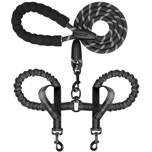 Double Dog Leash for Two Dogs, Heavy Duty Adjustable No Tangle, Bungee Retractable Split Multiple Leash for Walking 2 Dogs, 5.5FT-1/2”, Black
