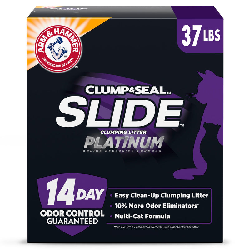 ARM & HAMMER Clump & Seal SLIDE Platinum Multi-Cat Clumping Cat Litter, Easy Clean Technology with No Scrubbing, 14-Day Odor Control, 37 lbs
