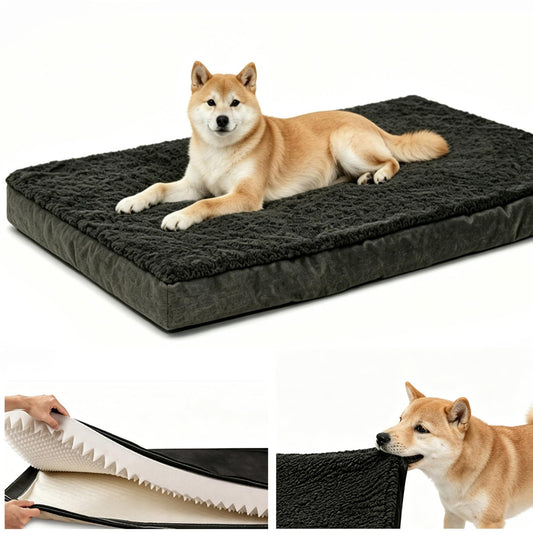 Durable Chew Resistant Dog Bed, 35"x23"x3" Chew-Proof Dog Crate Pad with Waterproof Liner & Washable Cover, Non-Slip Bottom, Comfortable Kennel Mat for M-L Sized Dogs up to 50 lbs, Black