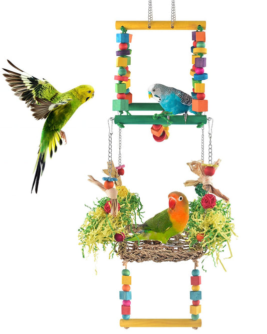 DBNESS Bird Hammock Toys Parakeet Perches Swing, 3in1 Detachable Parrot Cage Accessories, Wooden Hanging Chew Toys for Medium Conure Cockatiel Quaker Lory