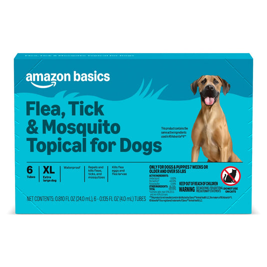 Amazon Basics Preventative Flea, Tick & Mosquito Topical Treatment for X-Large Dogs (Over 55 pounds), Kills Fleas, Long-Lasting, 6 Count, Packaging May Vary