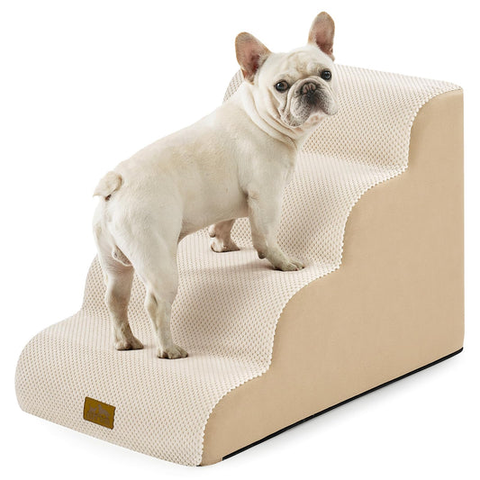 COZY KISS Wide Dog Stairs for Small Dog 19.7" H, Pet Step for Puppy, Older Cat, Curved Ramp for High Bed or Car, Stairs with High Density Foam, Lightweight, Durable, 4 Step, 17.7x28x19.7 inch, Beige