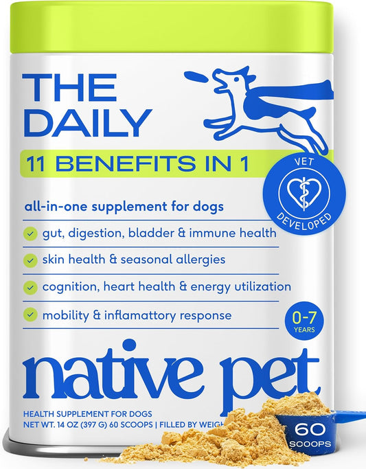 Native Pet The Daily Dog Vitamins & Supplements - 11-in-1 Multivitamin Powder for Dogs - Supports Whole Body Health, Digestion, Mobility & Immunity with Collagen, Glucosamine & Probiotics – 60 Scoops