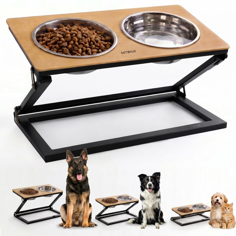 Dog Bowls Elevated, Adjustable Raised Dog Bowl Stand with 2 Stainless Steel Food Bowls 20°Tilted Water Bowls for Small Sized Dogs and Cats (Natural Wood Color, Small)