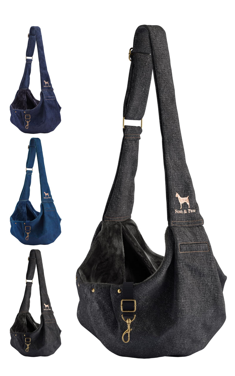 Noah & Paw Dog Sling Carrier for Small Dogs 5-18lb, Dog Sling for Small Dogs and Cats, Dog Carrier with Adjustable Padded Strap, Premium Denim, Lined with Fur, Double Safety Feature, Machine Washable