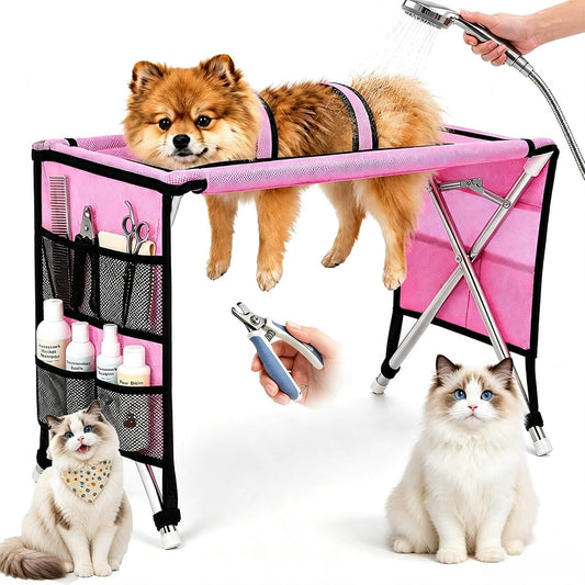Dog Grooming Hammock with Stand for Small Dogs and Cats, Pink, Foldable, Pet Grooming Hammock, Stainless Steel Frame, 22
