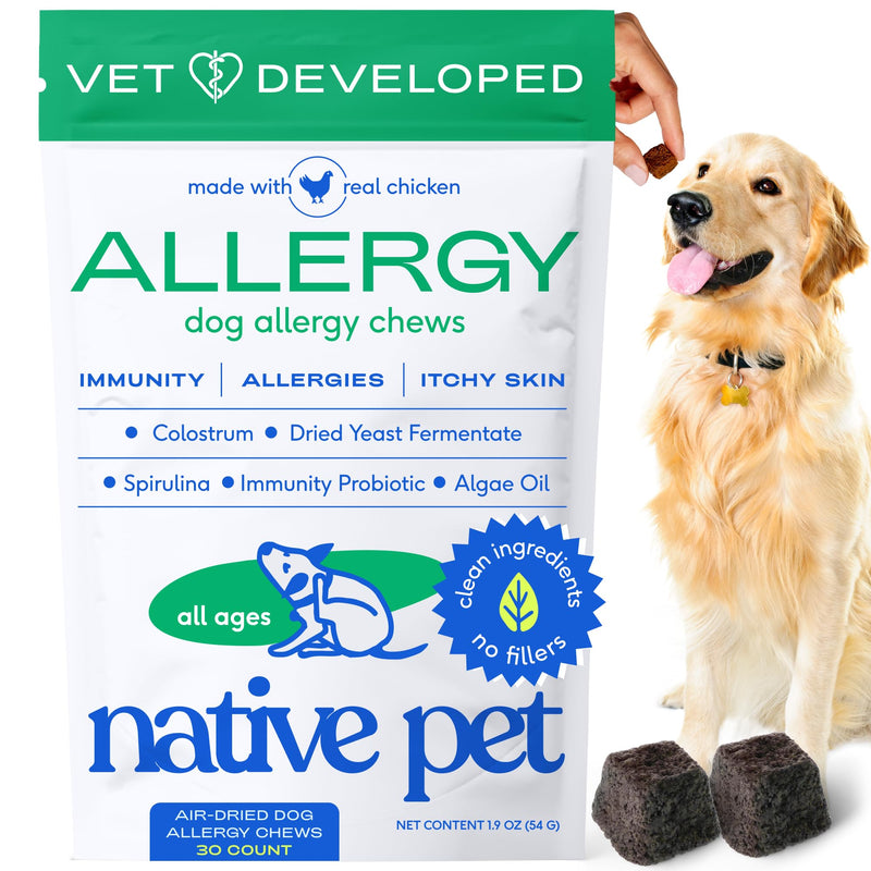 Native Pet Dog Allergy Chews - Dog Allergy Relief with Probiotics and Colostrum for Itchy Skin Relief to Support Seasonal Allergy and Healthy Immune System - All Natural Anti-Histamine - 30 Chews
