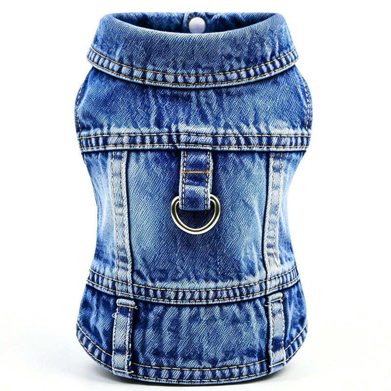 LKEX Dog Jean Jacket, Blue Denim Shirt Classic Lapel Vest Coat Costume Puppy T-Shirt, Comfort Tank Top Cool Apparel, Washed Pet Clothes for Dogs Boy Girl (with D-Ring, Medium)