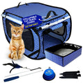 Pet Fit For Life Extra Large Cat Carrier for Travel - Foldable & Portable Collapsible Kennel with Litter Box, Feather Toy & Water/Food Bowl - Ideal for Cars, Long Trips & Indoor Cats - Blue Checkers