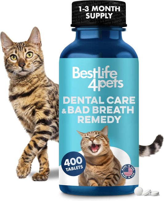 Cat Dental Care Supplement for Bad Breath, Tartar & Gum Support - Natural Cat Teeth Cleaning Oral Tablets Provide Eating & Gum Comfort, Teeth Wellness and Plaque Control, Tiny Dissolvable 400 Pills