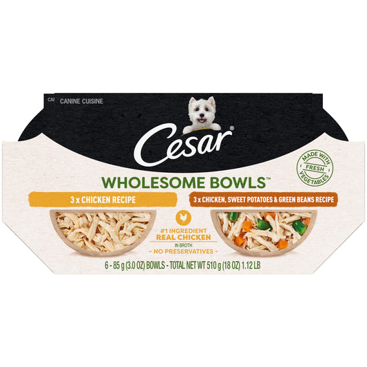 Cesar Wholesome Bowls Adult Wet Dog Food, Chicken Recipe and Chicken, Sweet Potatoes & Green Beans Recipe Variety Pack, Wet Food for Dogs, 3 Oz. Bowls, 6 Count