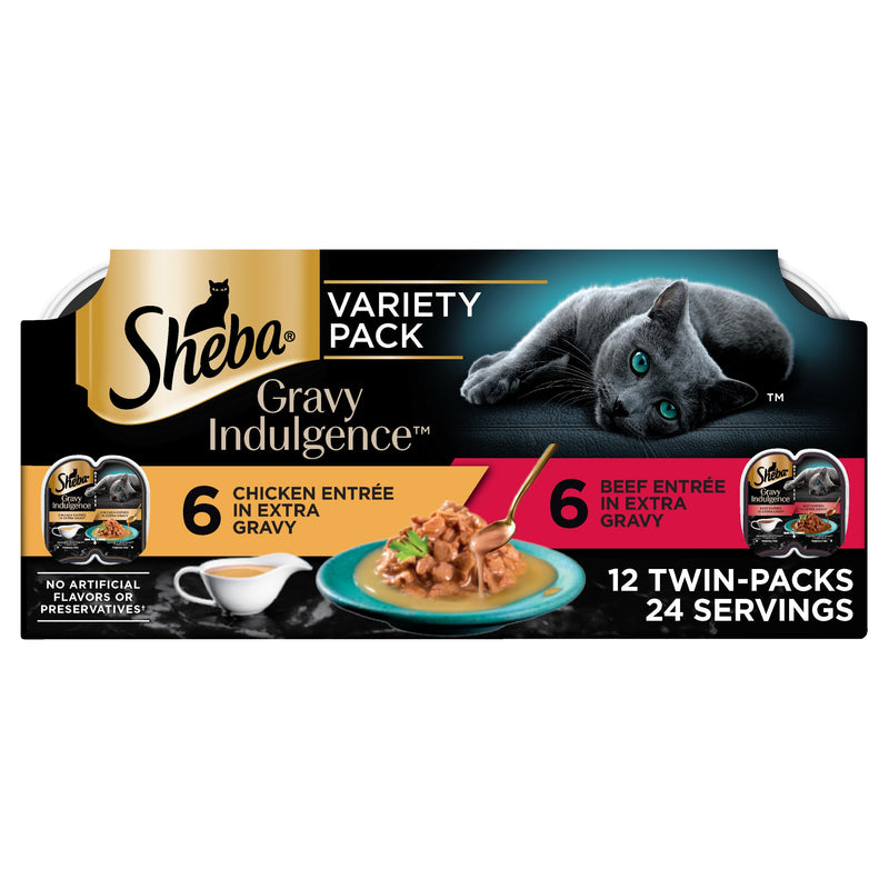 Sheba Gravy Indulgence Adult Wet Cat Food Beef and Chicken Entree in Extra Gravy Variety Pack, 2.6 oz. Twin-Pack Trays (12 Count, 24 Servings)