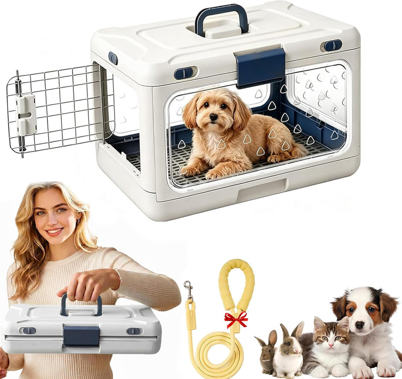 Foldable Hard Cat Carrier, Transparent Pet Crate for Cats & Small Dogs, Collapsible Travel Kennel with Ventilation & Uri