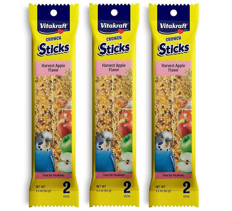 Vitakraft 3 Pack of Harvest Apple Crunch Sticks for Parakeets, 2 Sticks Each