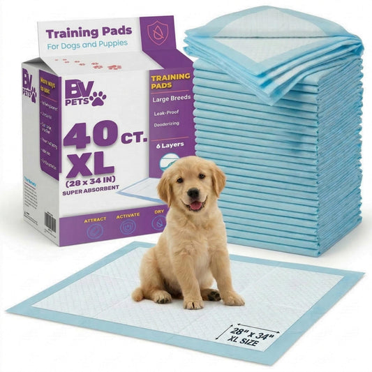 BV Puppy Pads XL 40 Count 34"x28" - Leak-Proof Pee Pads for Dogs with 6-Layer Design, Rapid Dry Sheet & Attractant - Dog Pad Extra Large with Odor Control - Perfect for Big Dogs & Indoor Use
