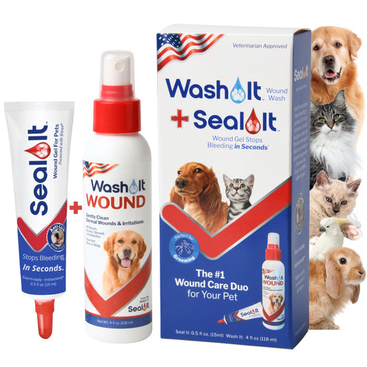 Dog Wound Care Gel & Wash Duo Pack | Styptic Powder Alternative for Dogs & Cats - Quick Stop Bleeding for Cuts (15ml) | Wash It Wound Wash for Dogs & All Pets/Animals to Gently Cleanse Wounds (4oz)