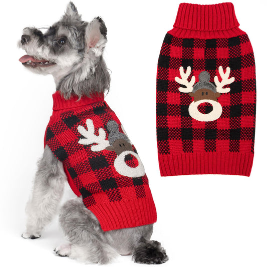 KYEESE Dog Christmas Sweater with Reindeer Pattern, Cozy Holiday Outfit, Turtleneck Dog Sweater for Small Dogs with Leash Hole, Red Buffalo Plaid Knitwear, Soft Warm Festival Dogs Clothes, Large