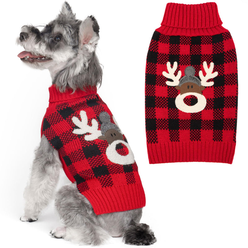 KYEESE Dog Christmas Sweater with Reindeer Pattern, Cozy Holiday Outfit, Turtleneck Dog Sweater for Small Dogs with Leash Hole, Red Buffalo Plaid Knitwear, Soft Warm Festival Dogs Clothes, Large