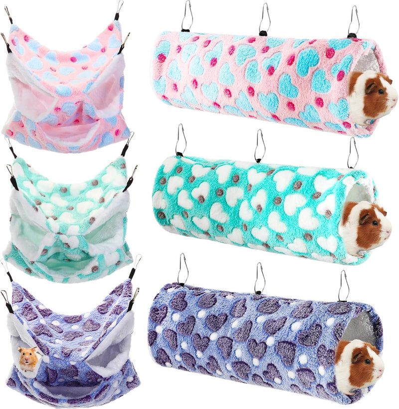 Sweetude 6 Pcs Rat Hammock Set Ferret Hanging Tunnel 3 Tier Guinea Pig Hammocks Hideout Soft Chinchilla Bed for Cage Acc