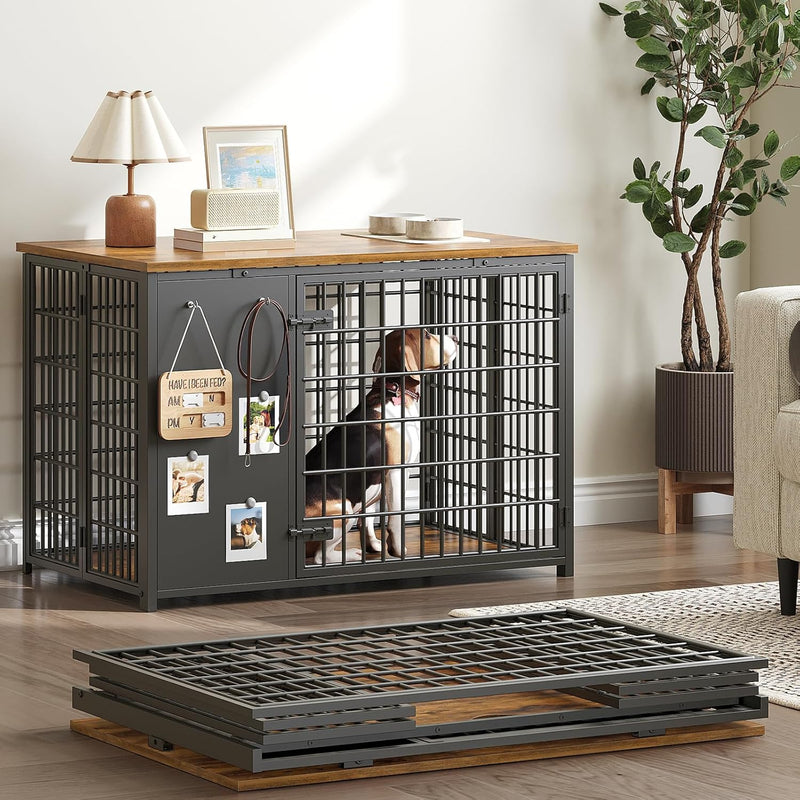 YATINEY Foldable Dog Crate Furniture, Dog Crate with DIY Frame, Heavy Duty Dog Kennel Indoor with Hooks, Wooden Dog Cage
