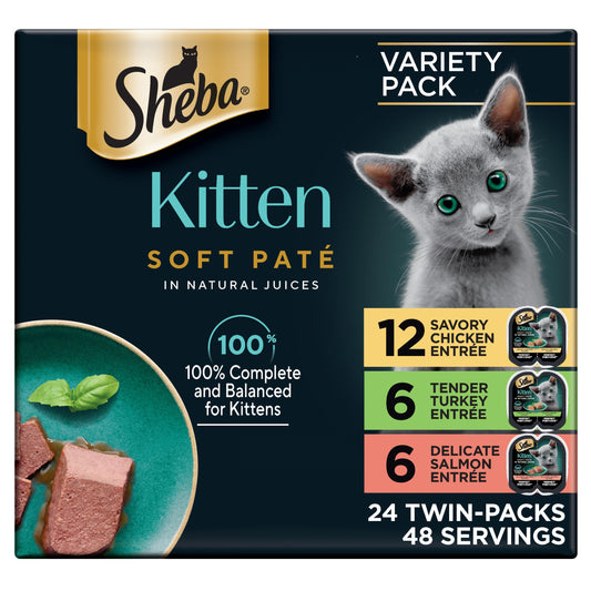 Sheba Perfect Portions Kitten Wet Cat Food Pate Chicken Entree, Salmon Entree, and Turkey Entree, 2.6 oz. Twin-Pack Trays (24 Count, 48 Servings)