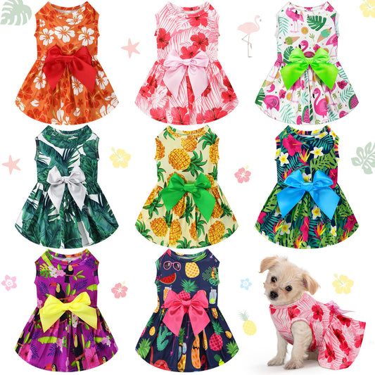 LEIFIDE 8 Pcs Summer Themed Hawaii Dog Dresses Holiday Flamingo Fruit Floral Pattern Pet Skirts Hawaii Puppy Princess Dresses Outfits Bowknot for Girl Dogs Cats Beach(Small)