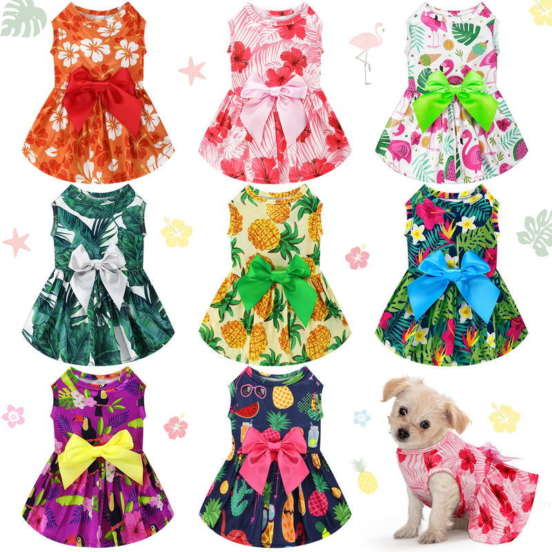 LEIFIDE 8 Pcs Summer Themed Hawaii Dog Dresses Holiday Flamingo Fruit Floral Pattern Pet Skirts Hawaii Puppy Princess Dresses Outfits Bowknot for Girl Dogs Cats Beach(Small)