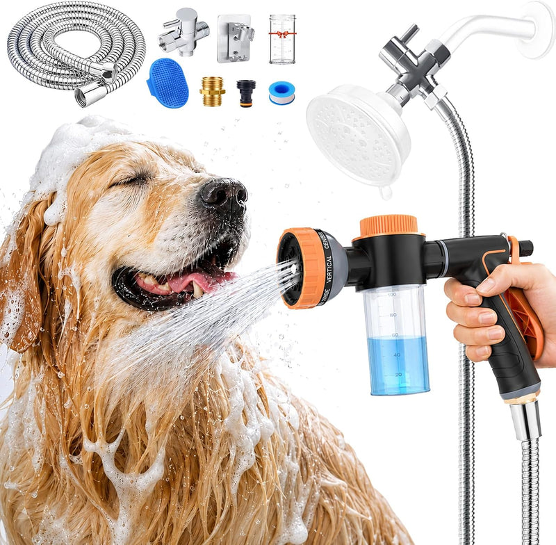 Dog Shower Attachment with 6.6Ft Long Shower Hose & Metal 3-Way Diverter