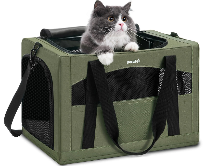 Pecute Cat Carrier Stable, Pet Carrier with Hidden Anxiety Relief Partition & Stable Steel Frame, Safe Cat Carrier for Car Travel, Soft-Sided Dog/Cat Carrier Bag for Pets Up to 11lbs, Green