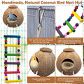 PINVNBY Hanging Coconut Bird Nest Hut with Ladder, Natural Coconut Hide Lovebird House and Colored Bead String Bird Swing for Parakeet Cockatiel Budgie Conure Canary Finch Budgies (With Coconut Fiber)