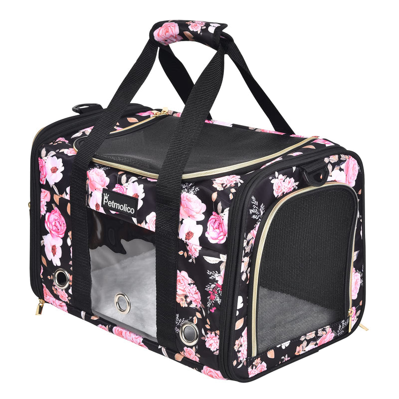 Petmolico Cat Carrier Soft-Sided Pet Bag for Small Medium Cats Puppies 16LBs - Airline Approved Pet Travel Carrier 3 Open Doors (Medium,Pink Peony)