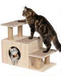 KinoTail 3-in-1 Pet Stairs for Cats, 7.87" Depth Pet Steps for Cat, Wood Cat Stairs for High Bed and Sofa, 1 Condo Cave, Scratching Post, Sturdy Indoor Pet Stairs with Non-Slip Carpet Pads