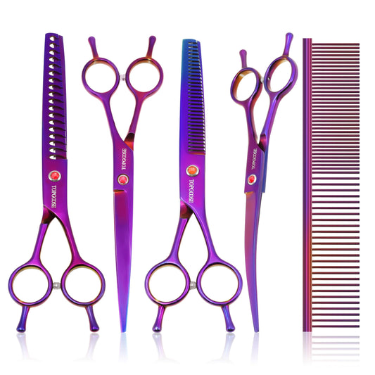TOPGOOSE Dog Grooming Scissors Kit, Professional 6 in 1 Pet Scissors Sharp Shears Set - Straight, Thinning, Chunker, Curved Shears and Comb for Long Short Hair for Dog Cat (Set, Purple)