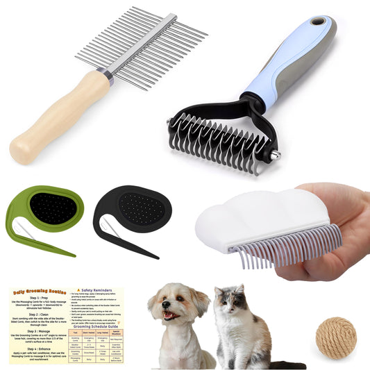 All-in-One Pet Grooming Kit - Long Hair Cat Grooming Kit & Dog Set, Includes Double-Sided Comb, Shedding Comb, 2 Knotting Combs & Massaging Comb