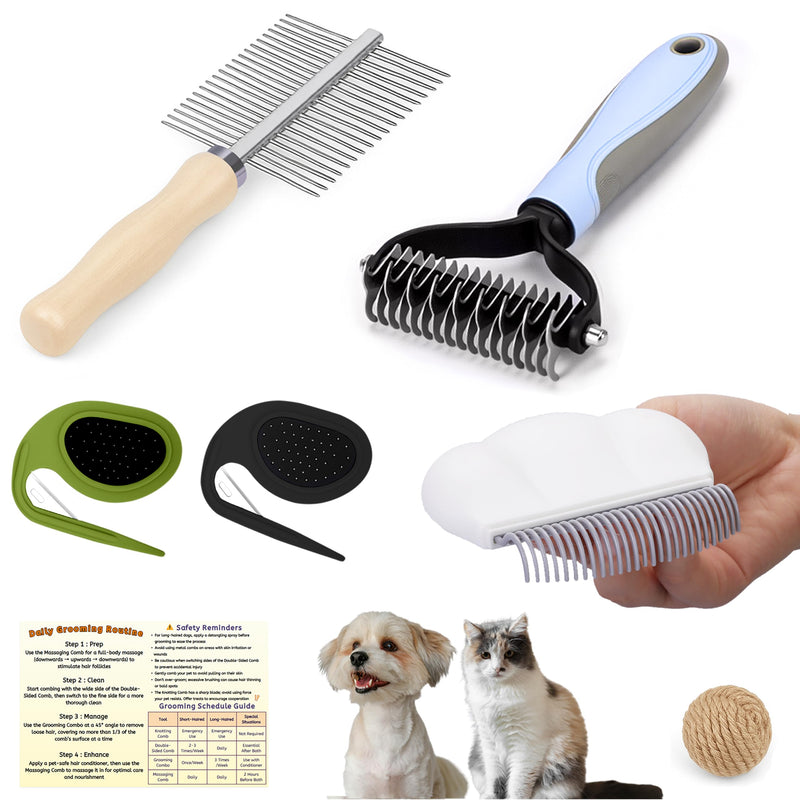 All-in-One Pet Grooming Kit - Long Hair Cat Grooming Kit & Dog Set, Includes Double-Sided Comb, Shedding Comb, 2 Knotting Combs & Massaging Comb