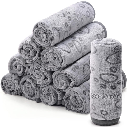 Tegeme 12 Pcs Pet Blankets 23 x 16 Inch Soft Fluffy Fleece Dog Cat Warm Paw Print Pattern Blankets Flannel Throw for Pets Dog Puppy Cat(Gray)
